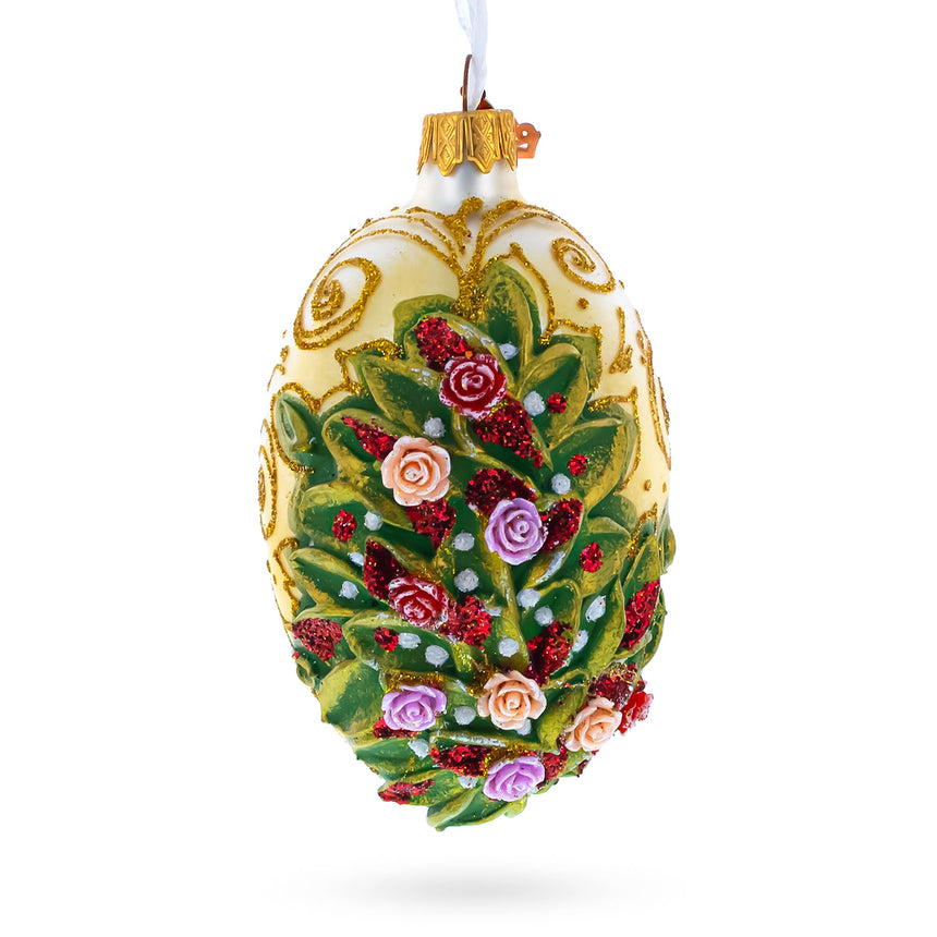 Embossed Roses Bouquet Glass Egg Ornament 4 Inches in Gold color Oval