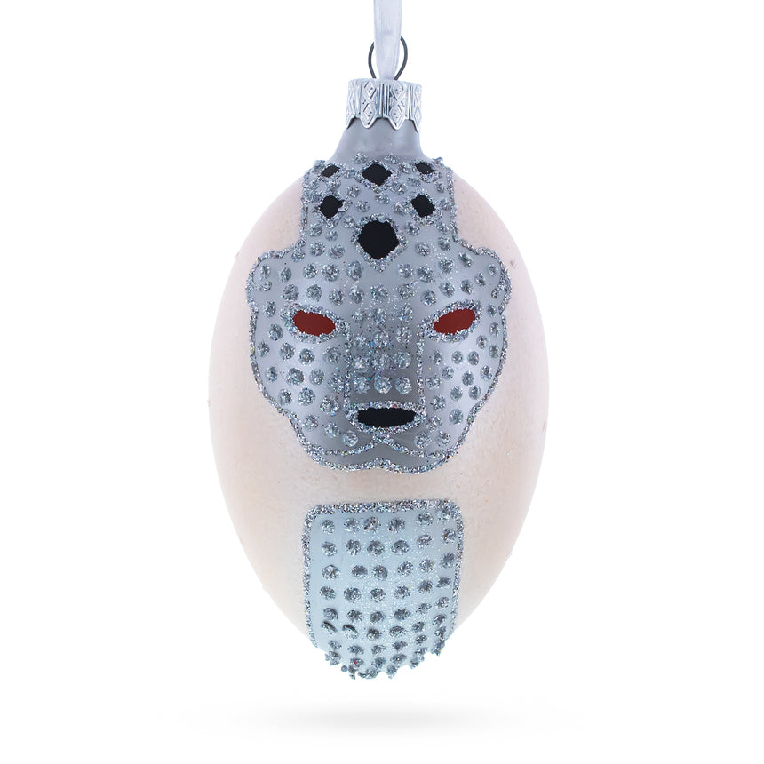 Louis-Francois Designer Jeweled Panther Glass Egg Christmas Ornament 4 Inches in Silver color Oval