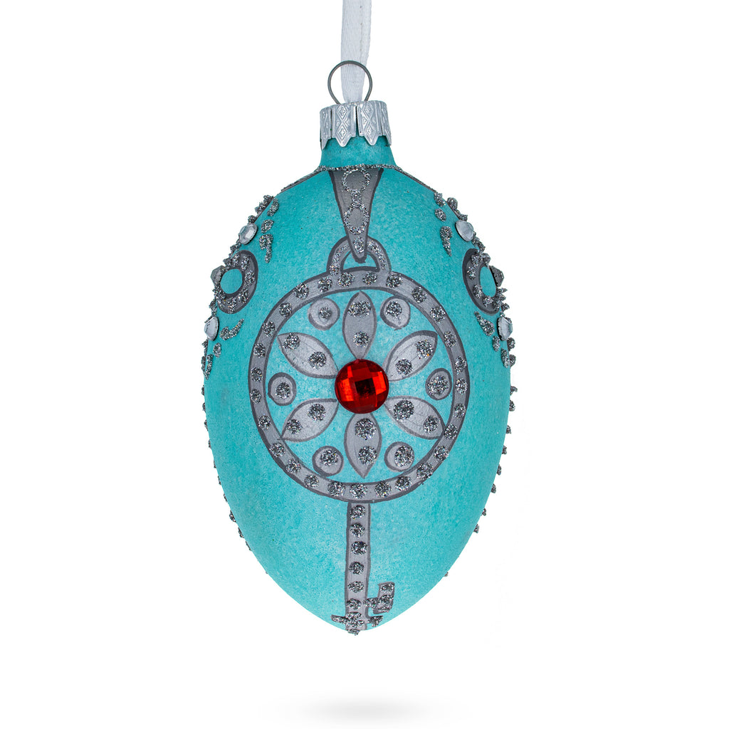 American Art Nouveau Jeweled Key Pendant Glass Egg Christmas Ornament 4 Inches in Blue color Oval