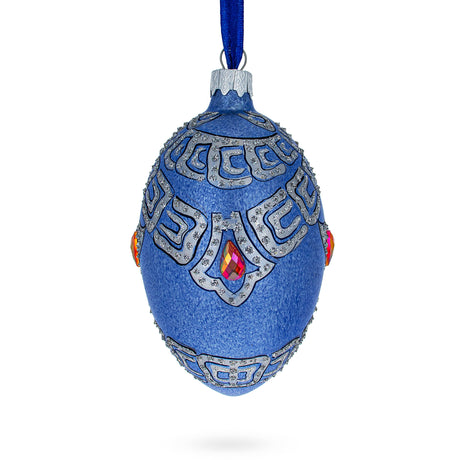 French Designer Riders of the Knights Bracelet Glass Egg Christmas Ornament 4 Inches in Blue color Oval