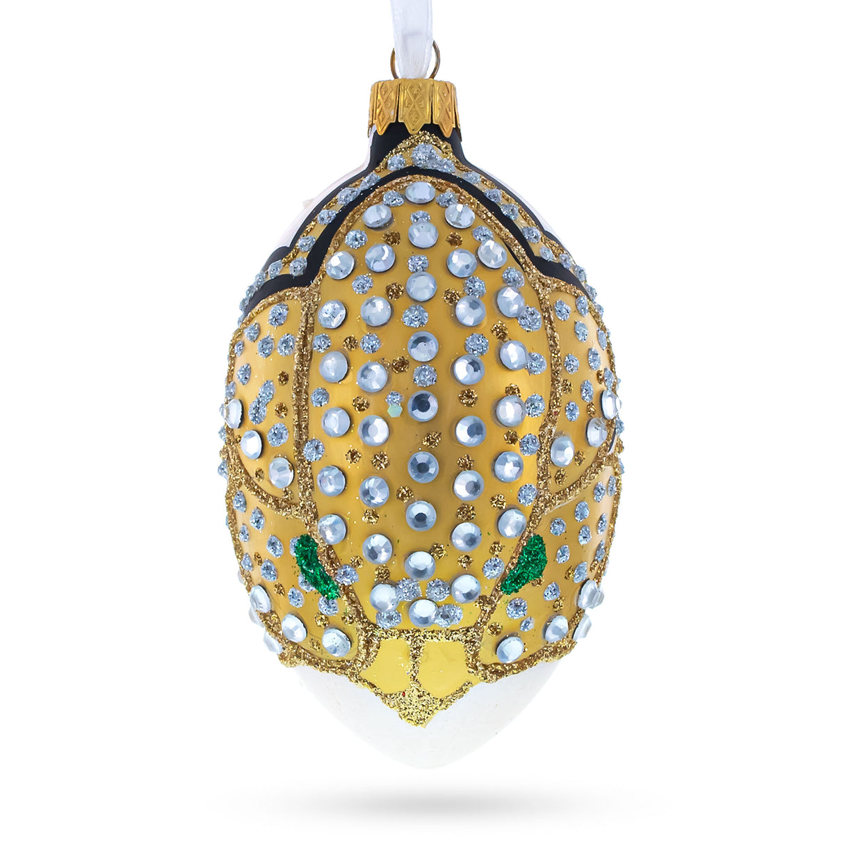 Louis-Francois Designer Jeweled Panther Glass Egg Christmas Ornament 4 Inches in Gold color, Oval shape
