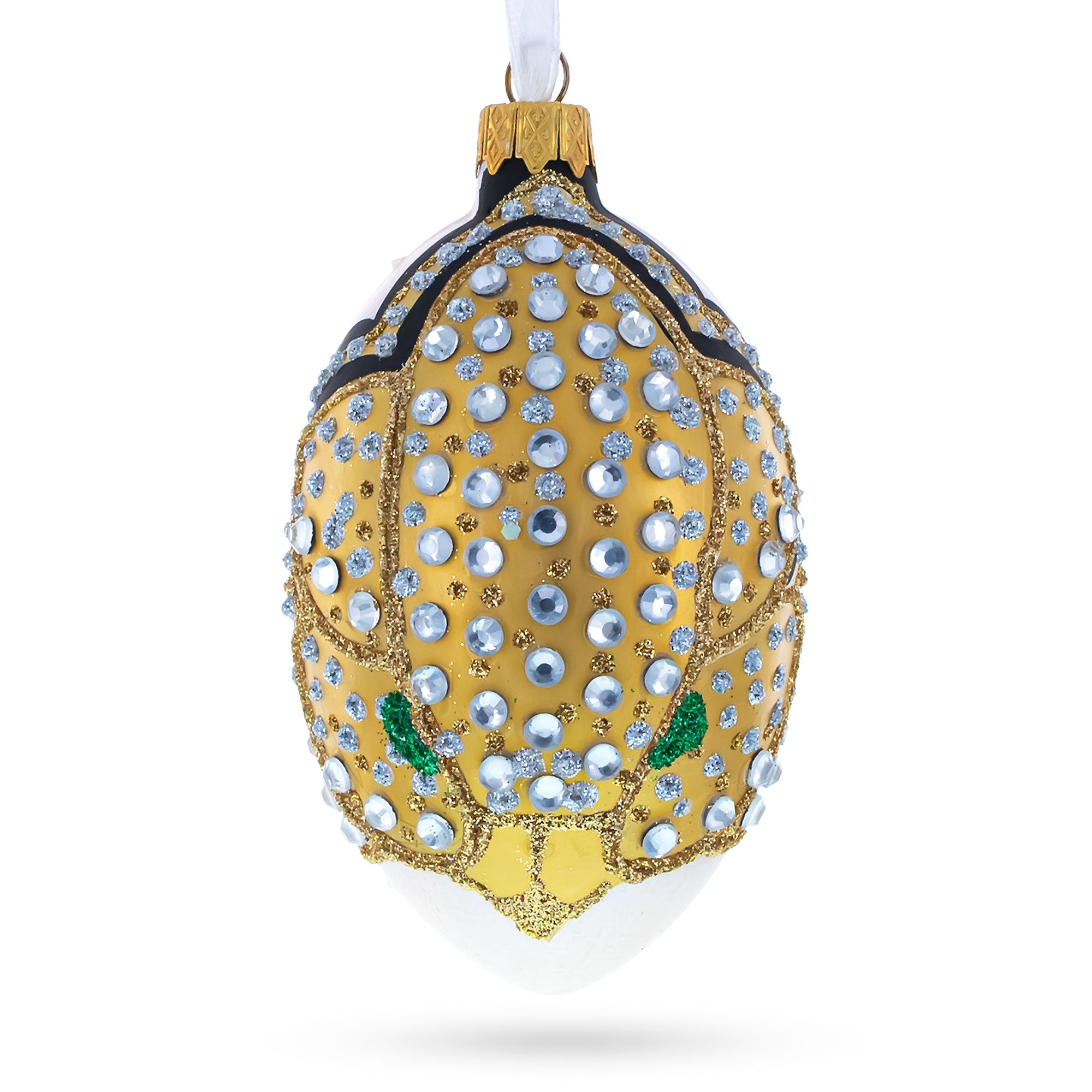 Louis-Francois Designer Jeweled Panther Glass Egg Christmas Ornament 4 Inches in Gold color Oval