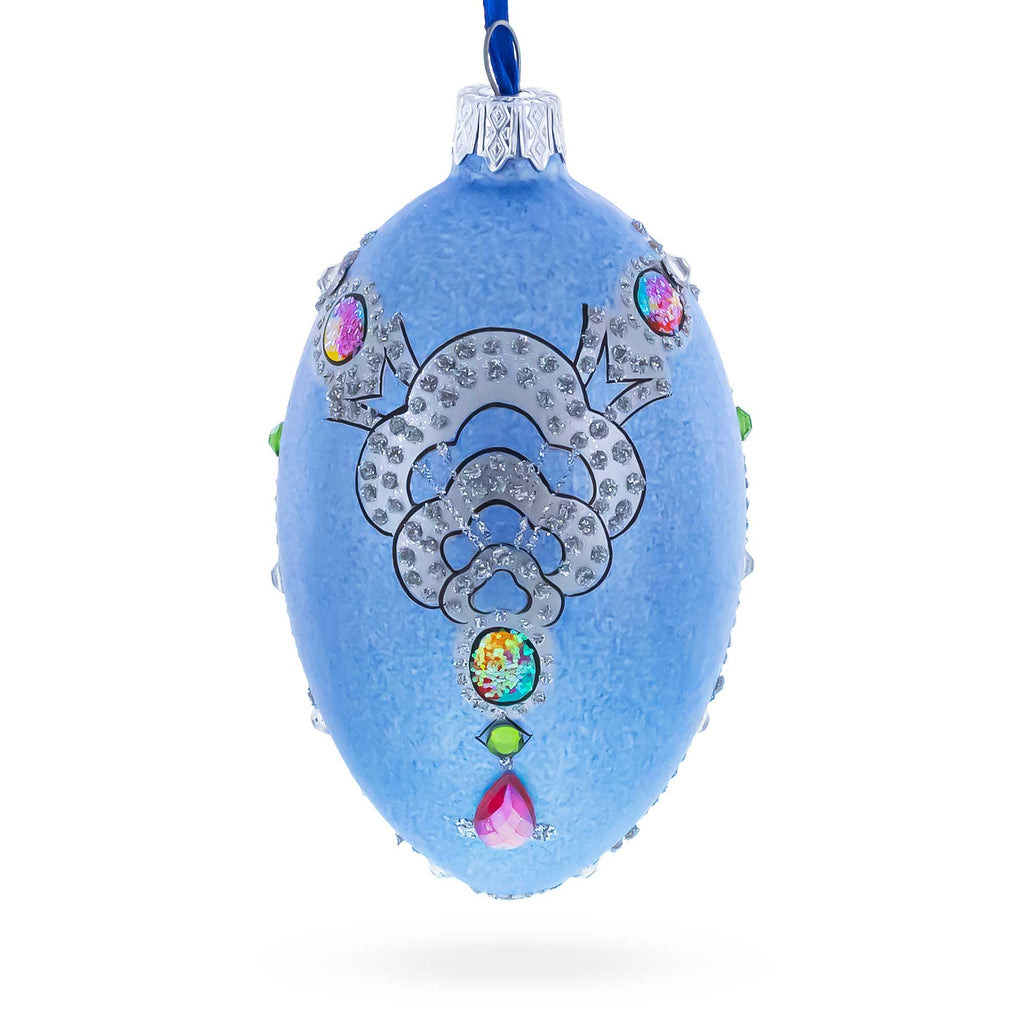 French Designer Jeweled Conquests Necklace Glass Egg Christmas Ornament 4 Inches in Blue color Oval