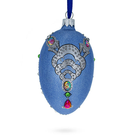 French Designer Jeweled Conquests Necklace Glass Egg Christmas Ornament 4 Inches in Blue color Oval