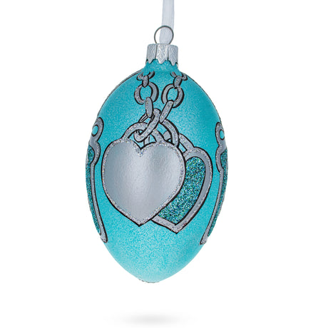 Glass American Art Nouveau Jeweled Double Heart Pendant Glass Egg Christmas Ornament 4 Inches in Blue color Oval