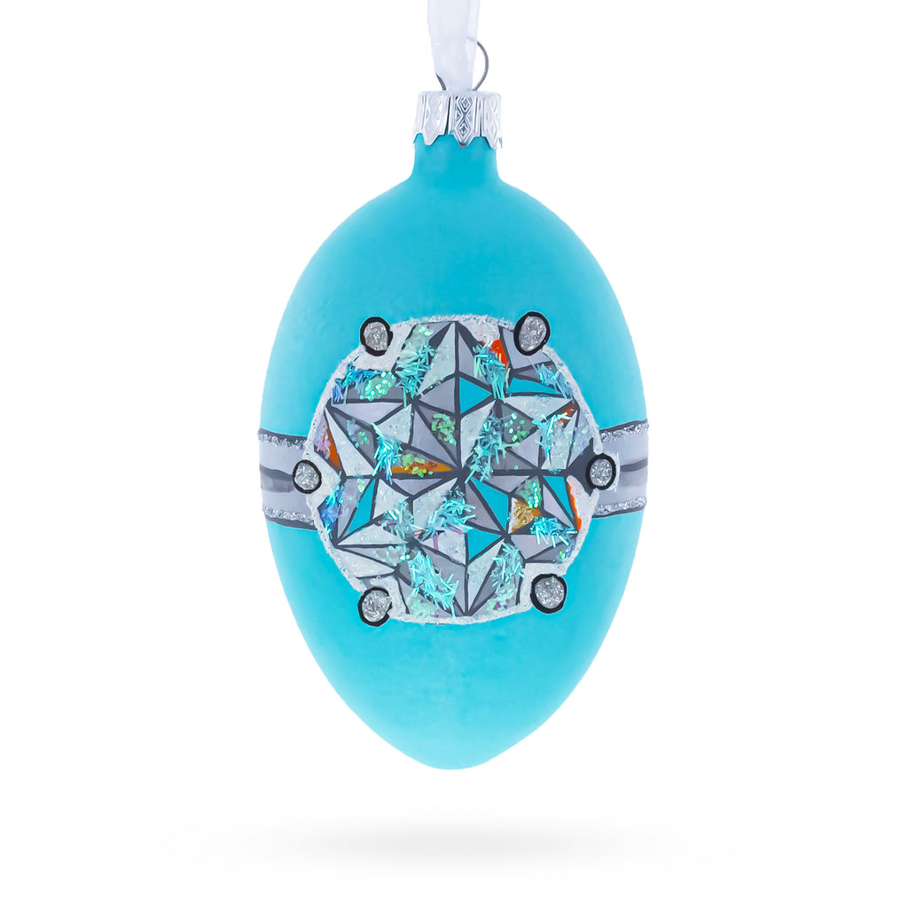 American Art Nouveau Jeweled Diamond Ring Glass Egg Christmas Ornament 4 Inches in Blue color Oval