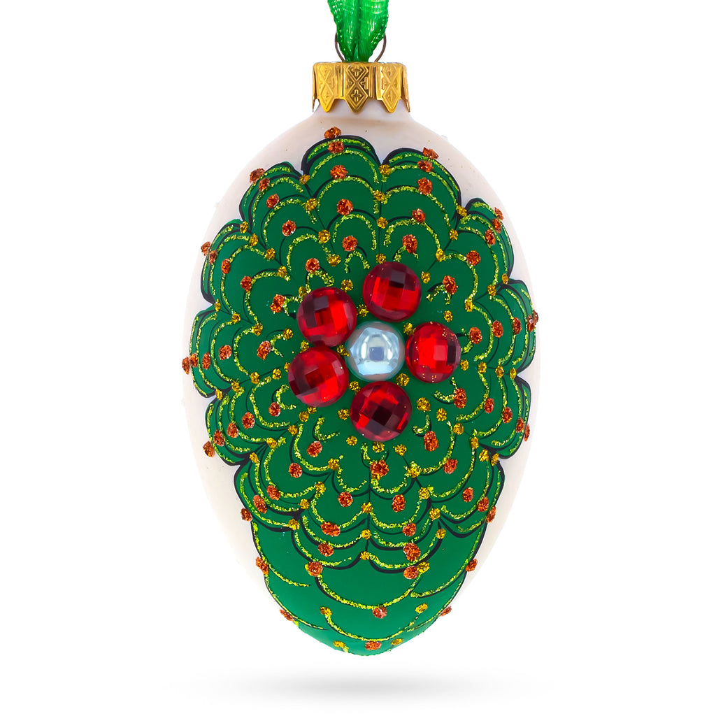 Glass Louis-Francois Designer Jeweled Arabesque Glass Egg Christmas Ornament 4 Inches in Green color Oval