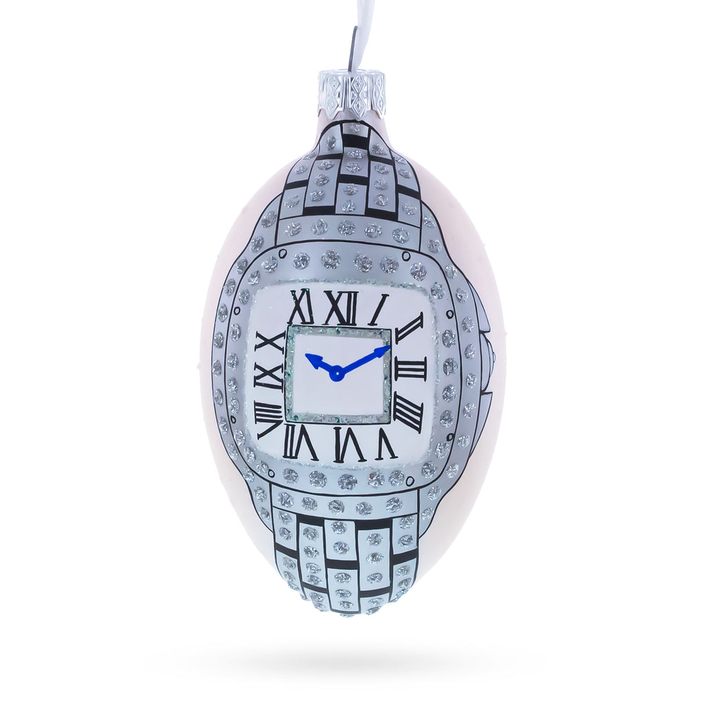 Louis-Francois Designer Jeweled Timepiece Glass Egg Christmas Ornament 4 Inches in Silver color Oval