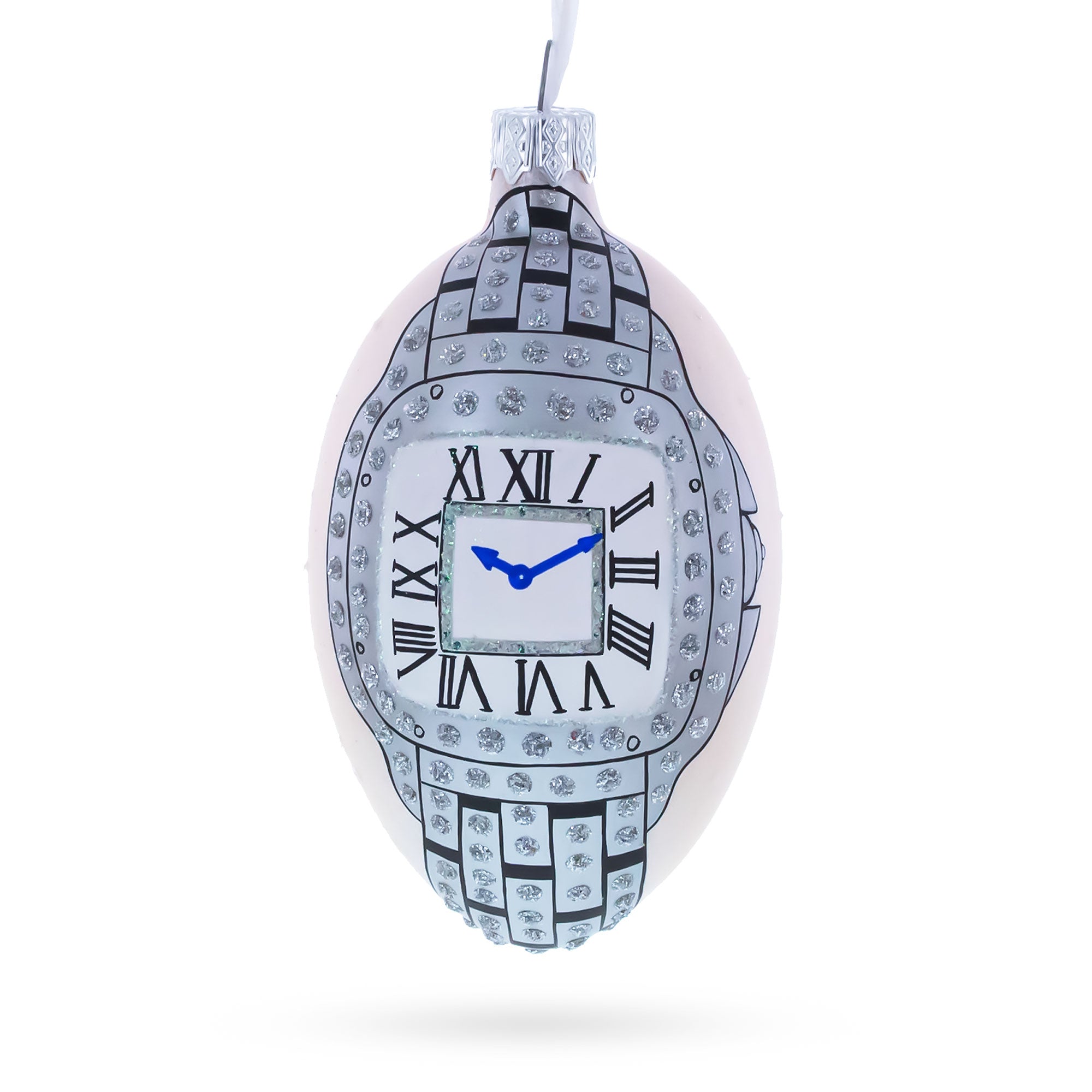 Louis-Francois Designer Jeweled Timepiece Glass Egg Christmas Ornament 4 Inches in Silver color Oval