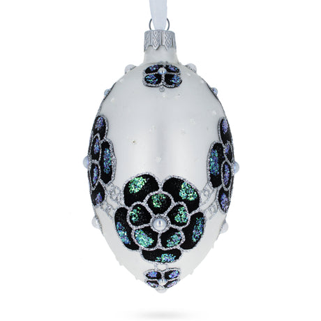 Glass French Couturier Green Jeweled Pendant Necklace Glass Egg Christmas Ornament 4 Inches in White color Oval