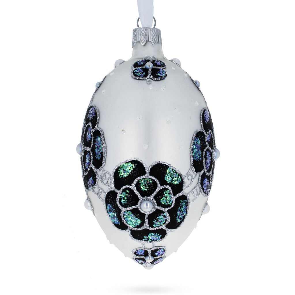 French Couturier Green Jeweled Pendant Necklace Glass Egg Christmas Ornament 4 Inches in White color Oval