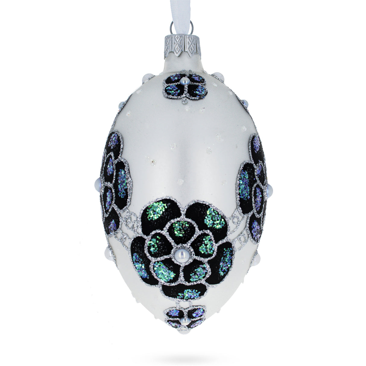 French Couturier Green Jeweled Pendant Necklace Glass Egg Christmas Ornament 4 Inches in White color, Oval shape