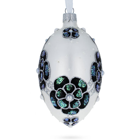 French Couturier Green Jeweled Pendant Necklace Glass Egg Christmas Ornament 4 Inches in White color Oval