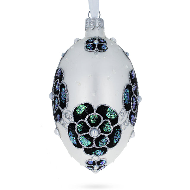 French Couturier Green Jeweled Pendant Necklace Glass Egg Christmas Ornament 4 Inches in White color, Oval shape
