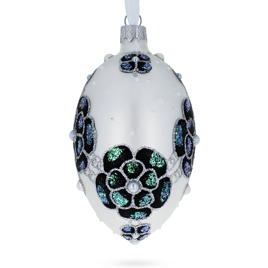 French Couturier Green Jeweled Pendant Necklace Glass Egg Christmas Ornament 4 Inches in White color Oval