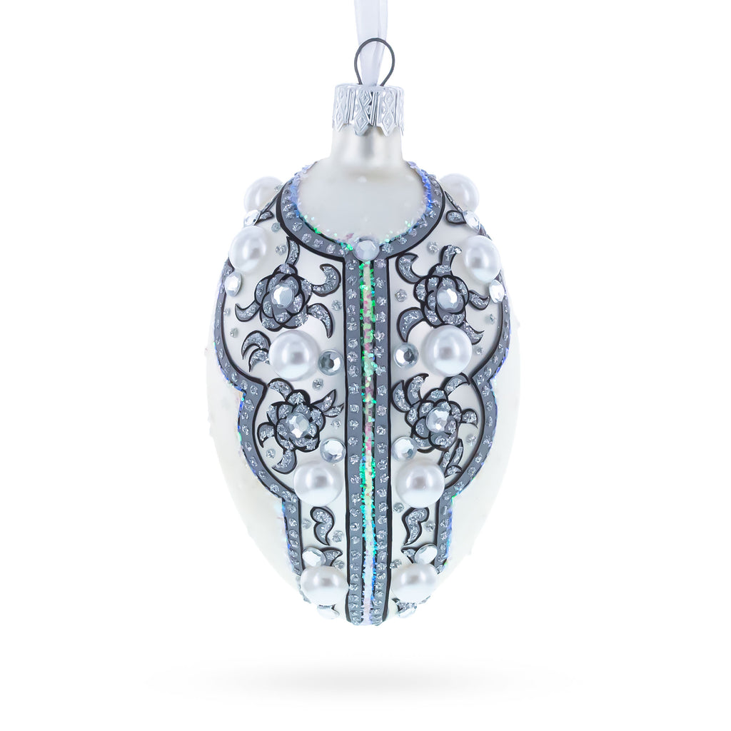French Couturier Pearls on White Pendant Necklace Glass Egg Christmas Ornament 4 Inches in White color Oval