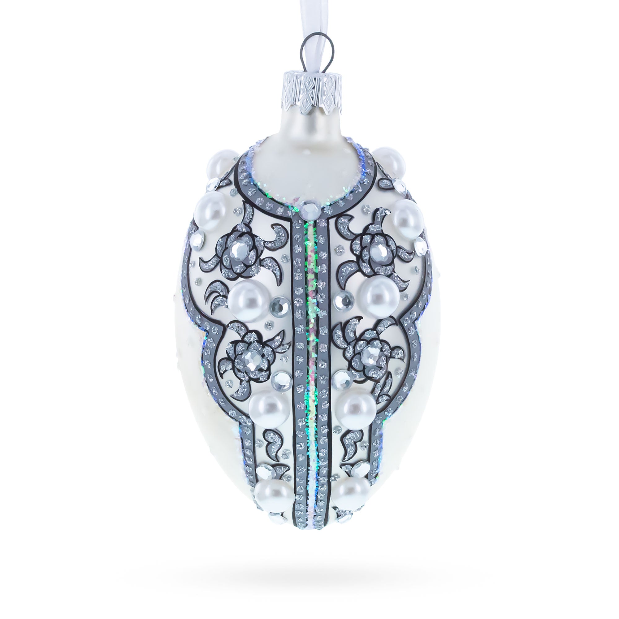 French Couturier Pearls on White Pendant Necklace Glass Egg Christmas Ornament 4 Inches in White color Oval