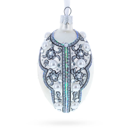 French Couturier Pearls on White Pendant Necklace Glass Egg Christmas Ornament 4 Inches in White color Oval