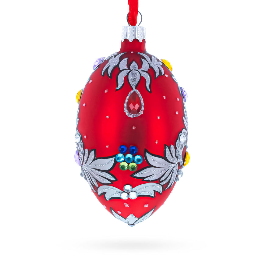 Florence Designer Jeweled Pendant Necklace Glass Egg Christmas Ornament 4 Inches in Red color Oval