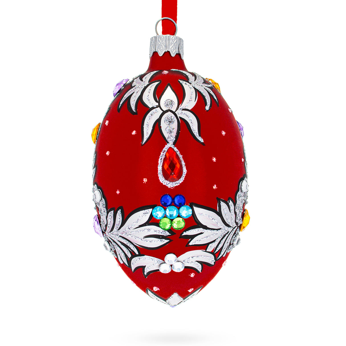 Florence Designer Jeweled Pendant Necklace Glass Egg Christmas Ornament 4 Inches in Red color, Oval shape
