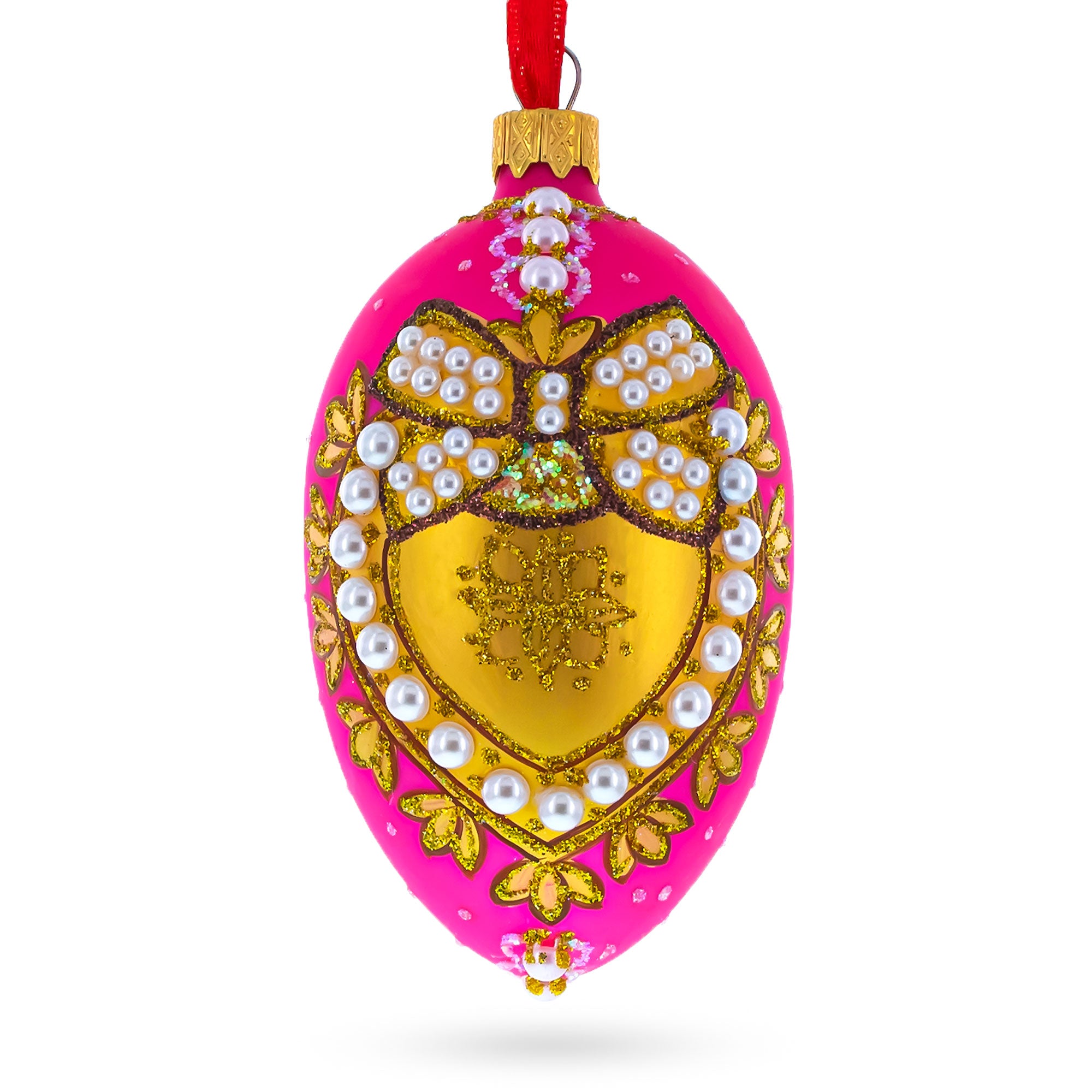 Italian Fashion House Pearl Buckle on Pink Glass Egg Christmas Ornament 4 Inches in Pink color Oval