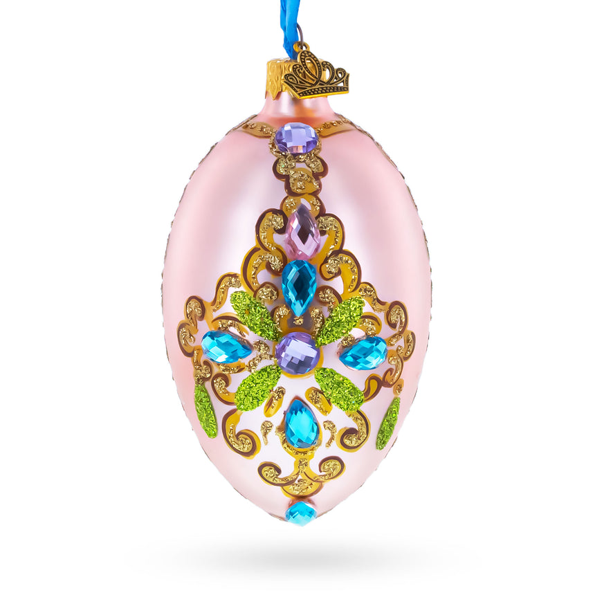 Italian Fashion House Jeweled Cross Glass Egg Christmas Ornament 4 Inches in Pink color Oval