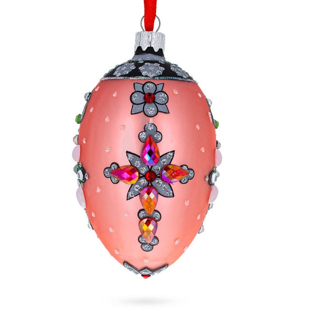 Italian Fashion House Jeweled Cross Glass Egg Christmas Ornament 4 Inches in Pink color Oval