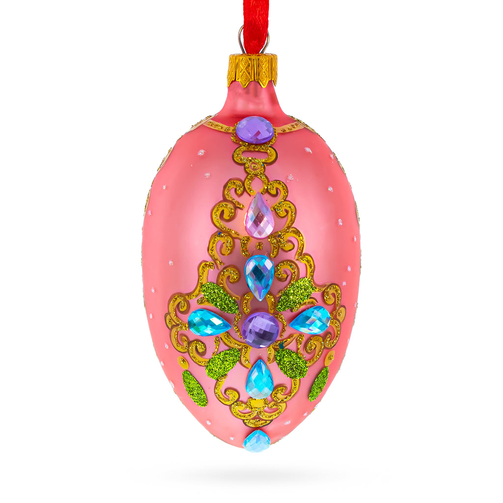 Italian Fashion House Jeweled Brooch Glass Egg Christmas Ornament 4 Inches in Pink color Oval