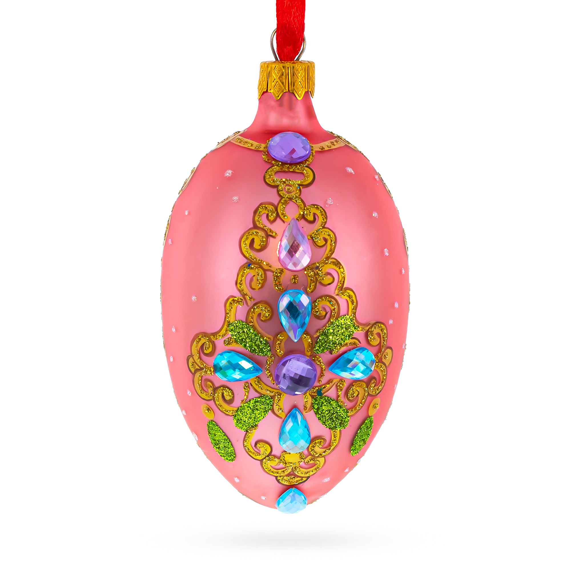 Italian Fashion House Jeweled Brooch Glass Egg Christmas Ornament 4 Inches in Pink color Oval