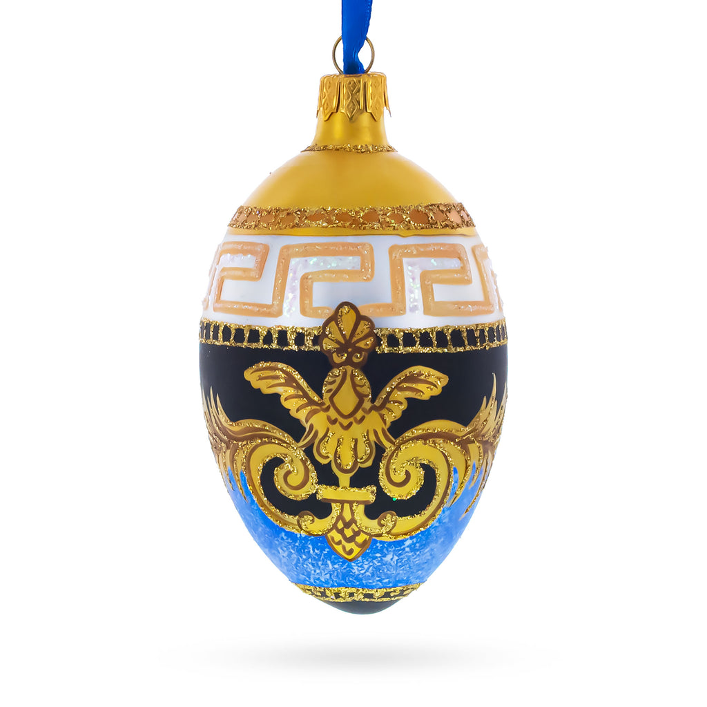 Italian Designer Fine Medallion Glass Egg Christmas Ornament 4 Inches in Gold color Oval