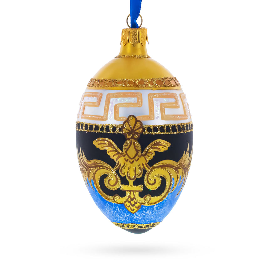 Italian Designer Fine Medallion Glass Egg Christmas Ornament 4 Inches in Gold color Oval