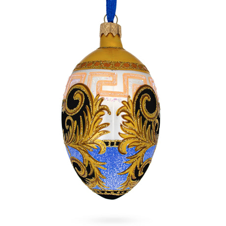 Italian Designer Fine Medallion Glass Egg Christmas Ornament 4 Inches in Gold color, Oval shape