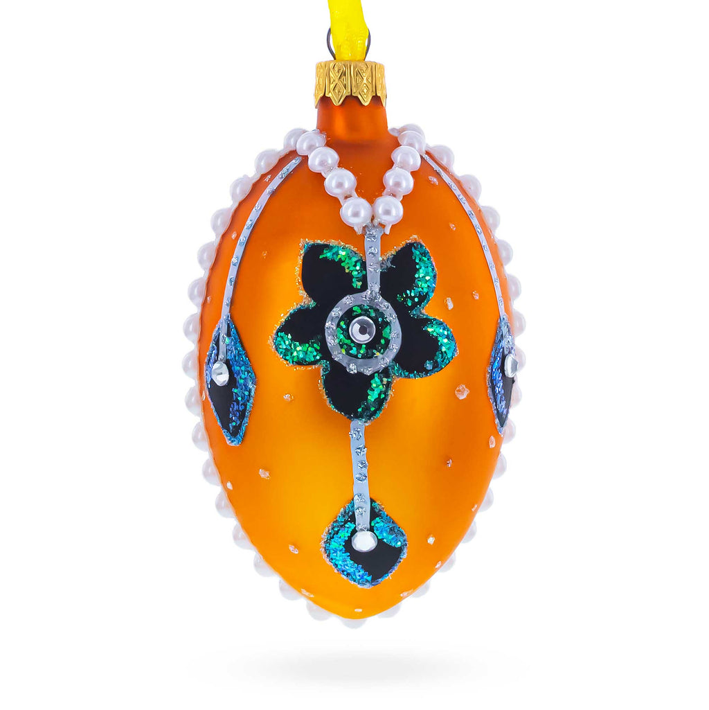 Italian Couturier Fine Jeweled Flower Necklace Glass Egg Christmas Ornament 4 Inches in Gold color Oval