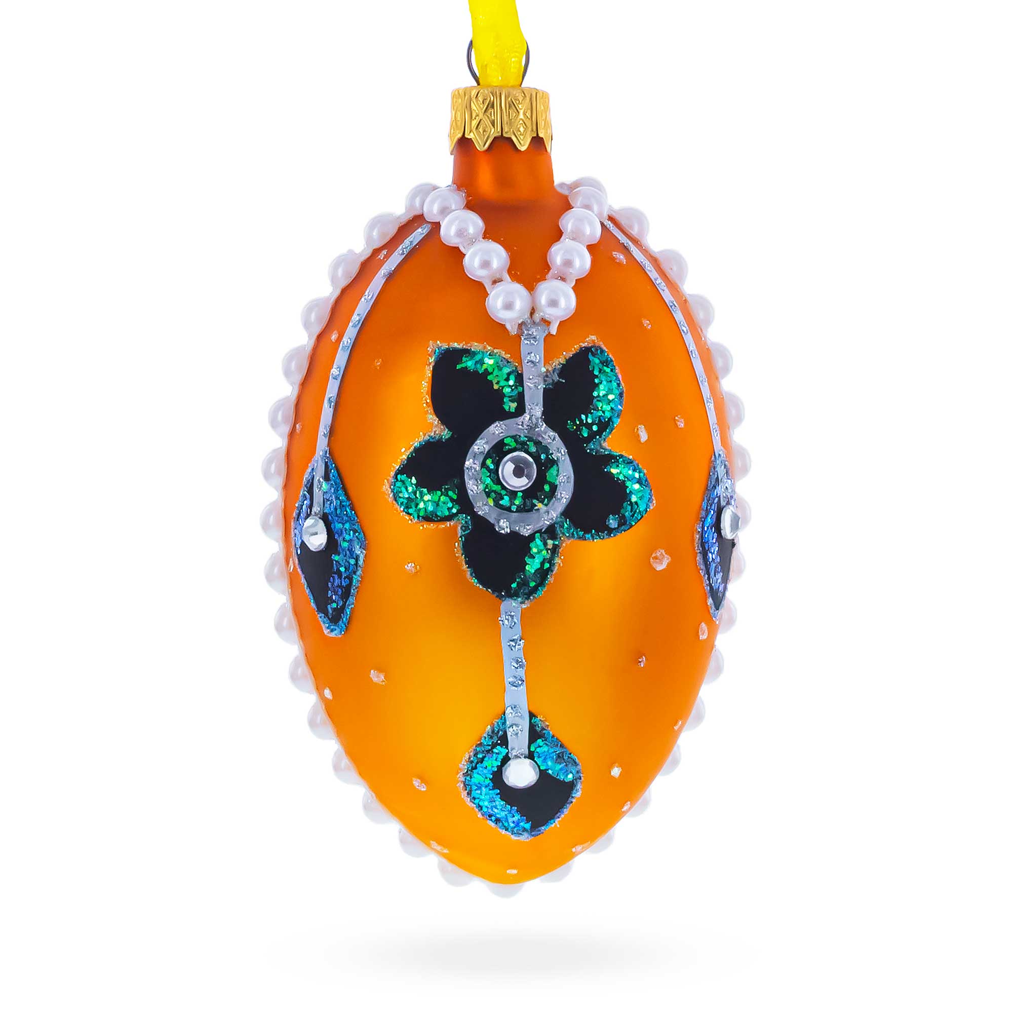 Italian Couturier Fine Jeweled Flower Necklace Glass Egg Christmas Ornament 4 Inches in Gold color Oval