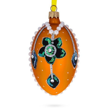 Italian Couturier Fine Jeweled Flower Necklace Glass Egg Christmas Ornament 4 Inches in Gold color Oval