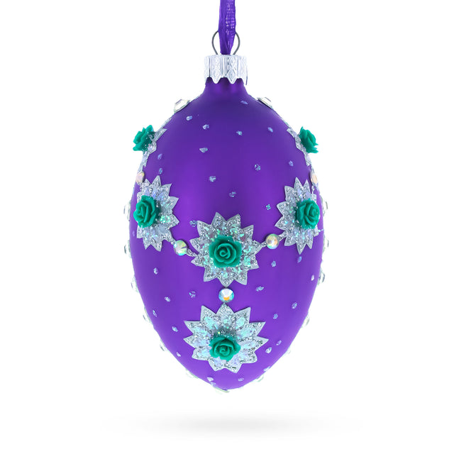 Milan Designer Intricate Jeweled Flower Necklace Glass Egg Christmas Ornament 4 Inches in Purple color Oval