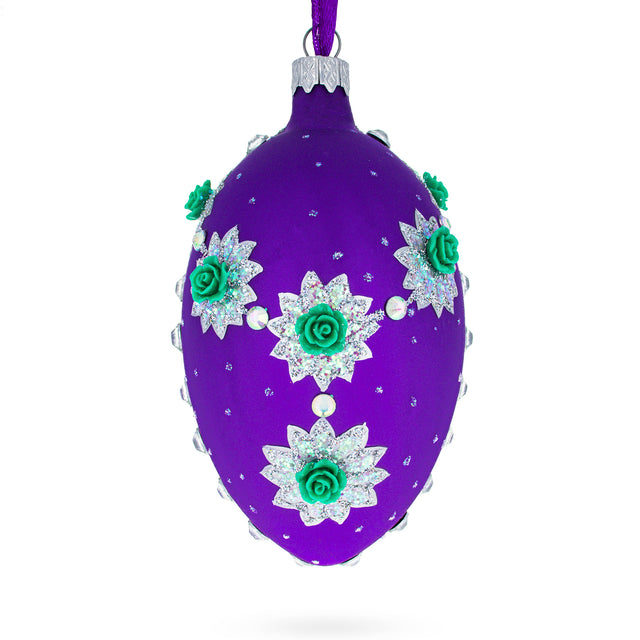 Glass Milan Designer Intricate Jeweled Flower Necklace Glass Egg Christmas Ornament 4 Inches in Purple color Oval
