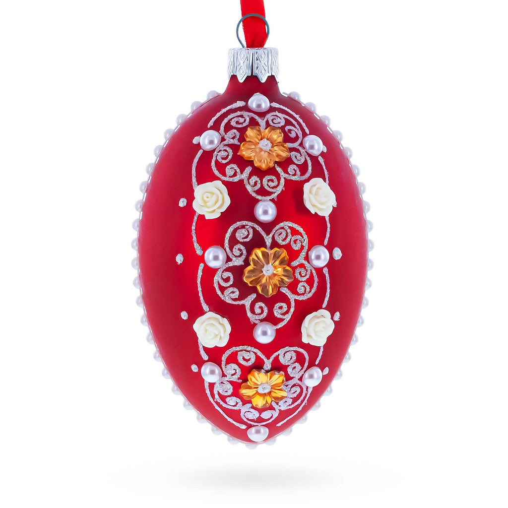 Jeweled Flowers on Red Glass Egg Christmas Ornament 4 Inches in Red color Oval