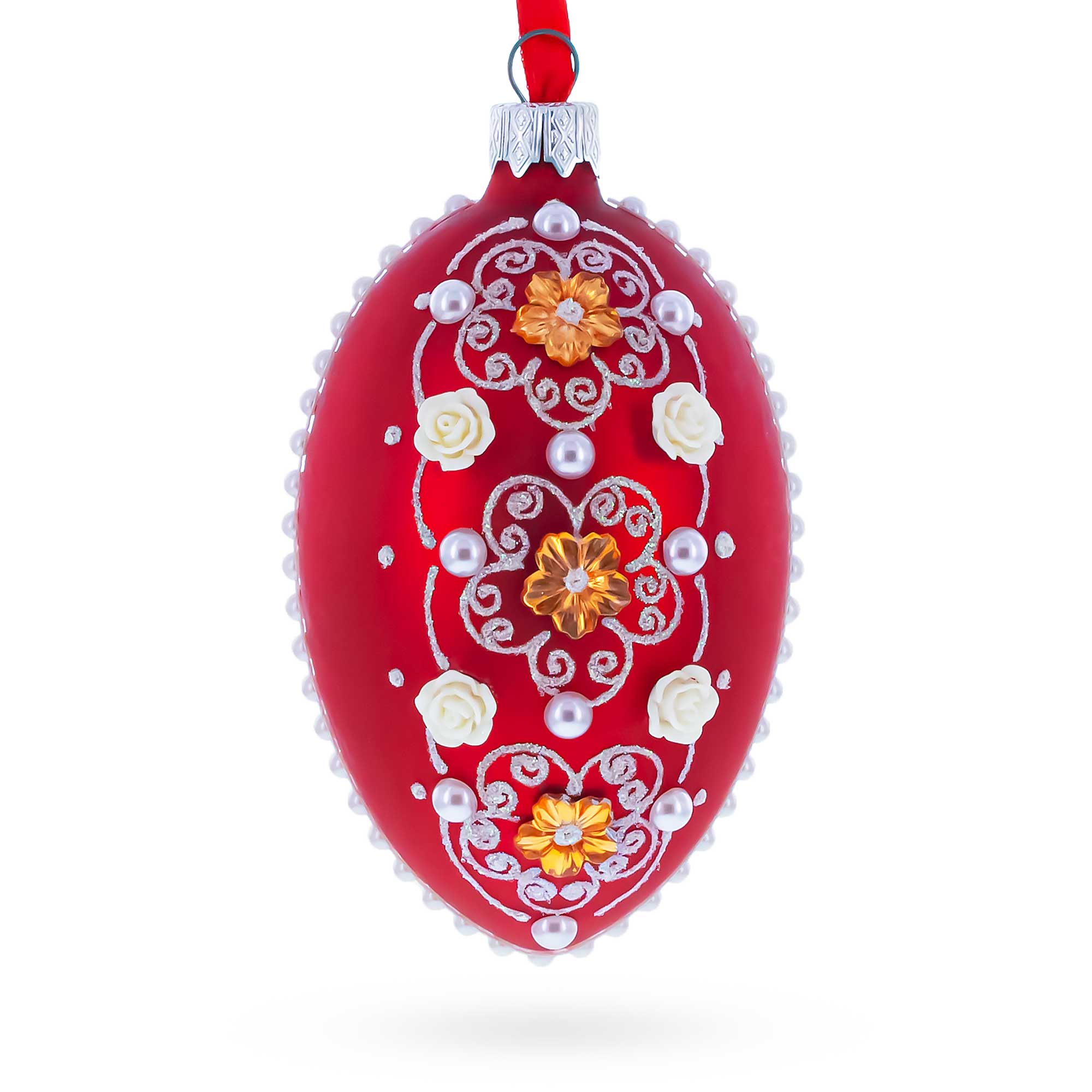 Jeweled Flowers on Red Glass Egg Christmas Ornament 4 Inches in Red color Oval