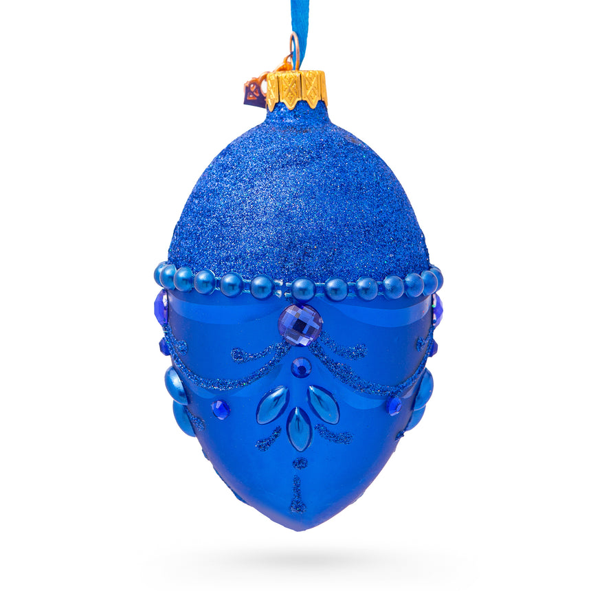 Bejeweled Chandelier on Blue Glass Egg Christmas Ornament 4 Inches in Blue color Oval