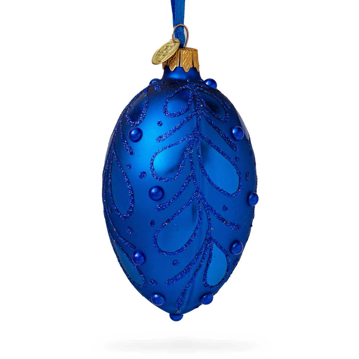 Bejeweled Scroll on Blue Glass Egg Christmas Ornament 4 Inches in Blue color, Oval shape