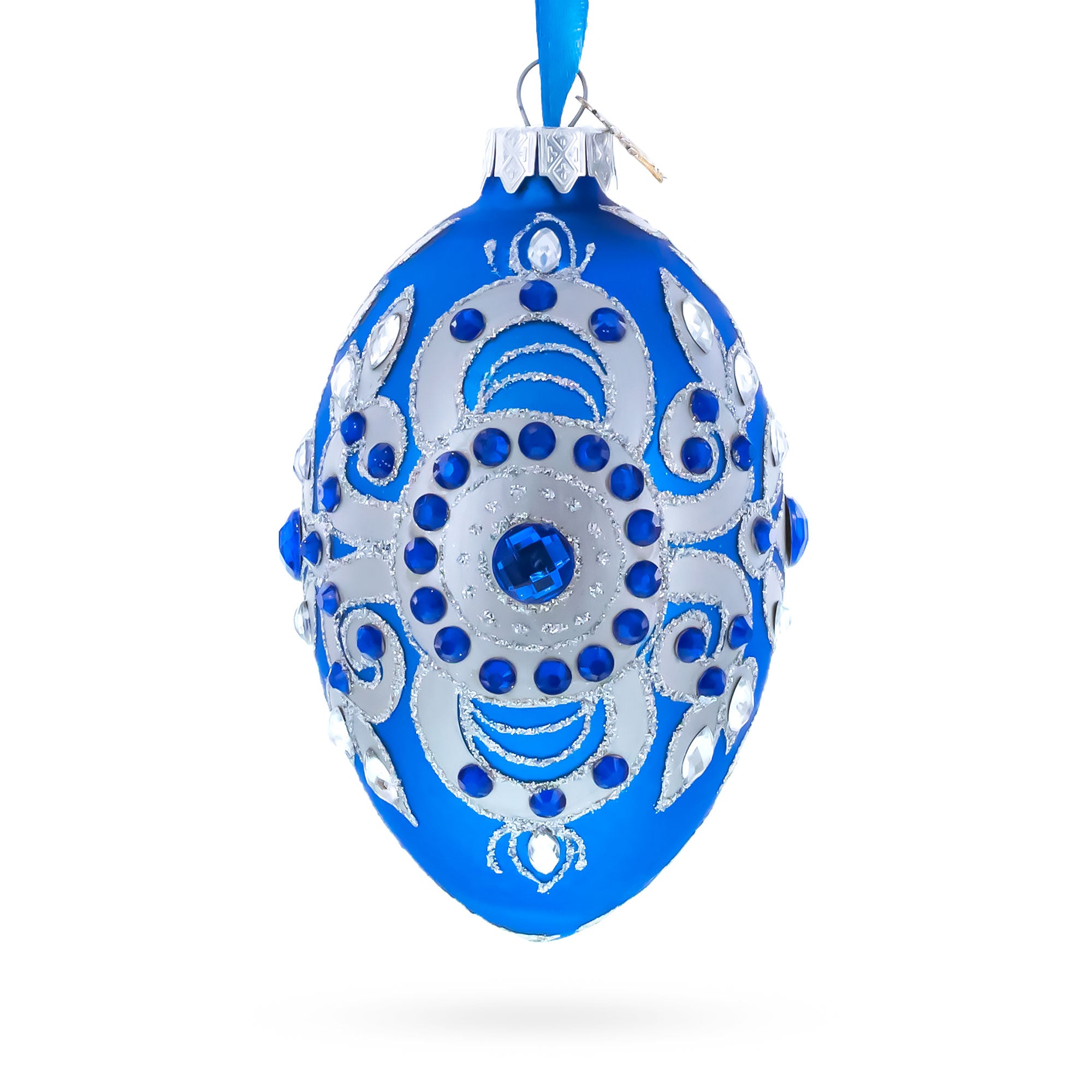 Silver on Blue Glass Egg Christmas Ornament 4 Inches in Blue color Oval