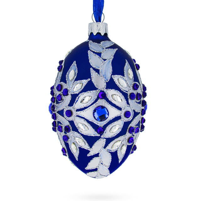 Silver on Blue Glass Egg Christmas Ornament 4 Inches in Blue color, Oval shape