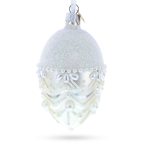 White Pearls on Frozen Glass Egg Christmas Ornament 4 Inches in White color, Oval shape