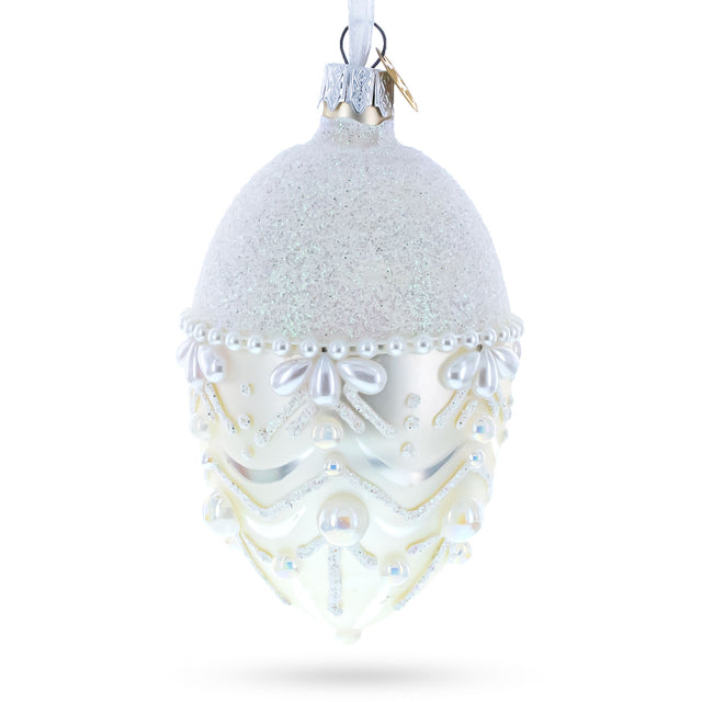 White Pearls on Frozen Glass Egg Christmas Ornament 4 Inches in White color, Oval shape