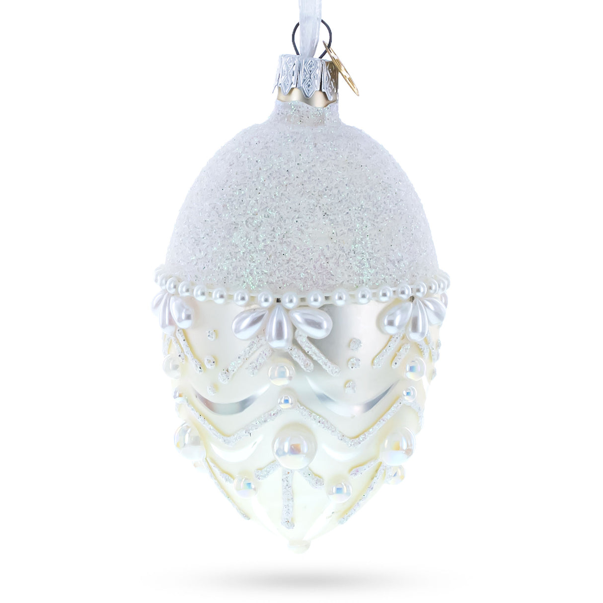 Glass White Pearls on Frozen Glass Egg Christmas Ornament 4 Inches in White color Oval