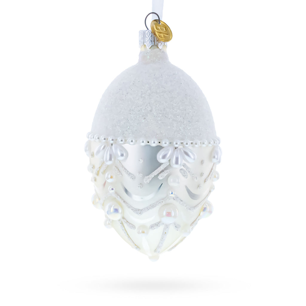 White Pearls on Frozen Glass Egg Christmas Ornament 4 Inches in White color Oval