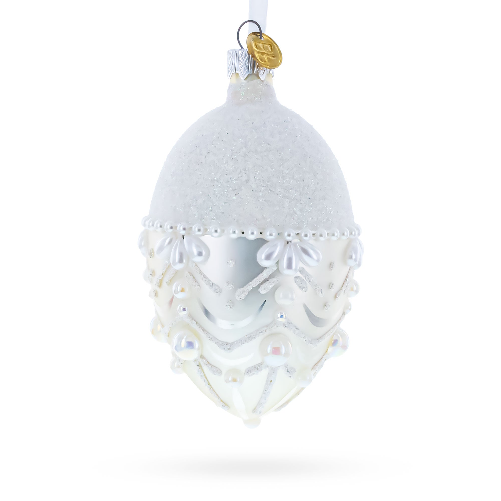 White Pearls on Frozen Glass Egg Christmas Ornament 4 Inches in White color Oval