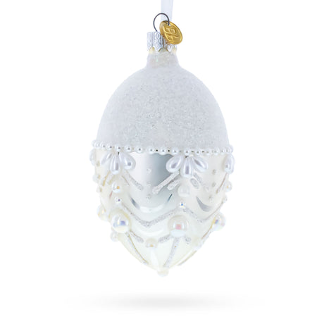 Glass White Pearls on Frozen Glass Egg Christmas Ornament 4 Inches in White color Oval