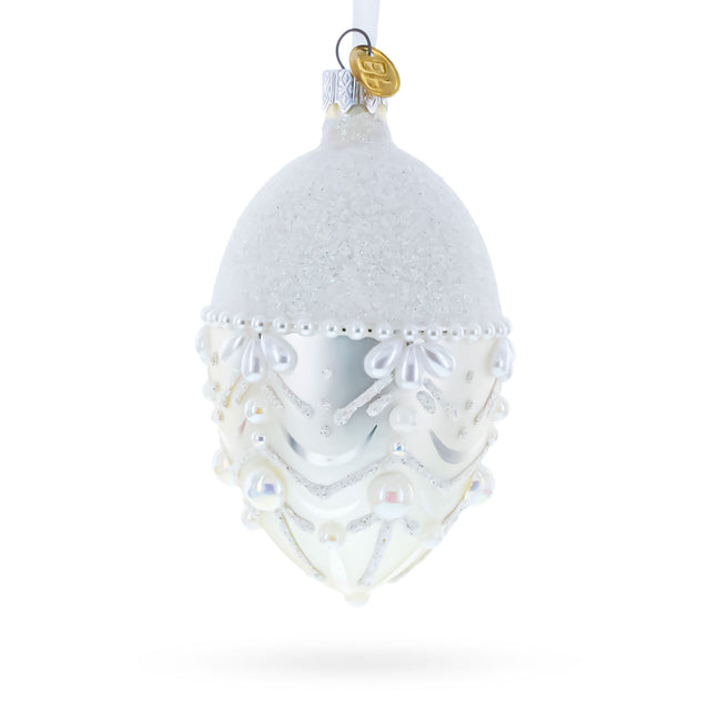 White Pearls on Frozen Glass Egg Christmas Ornament 4 Inches in White color Oval